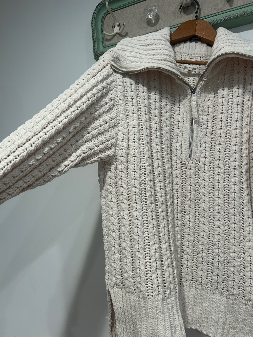 aerie Cream Knit Half-Zip V-Neck Sweater women’s oversize XS pullover beach top - Picture 4 of 8